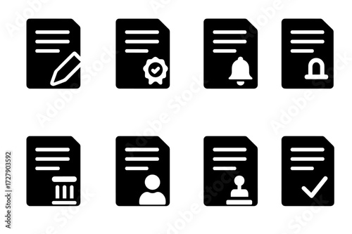 Legal Documents Icons. Solid, filled icon set of legal documents: contract, affidavit, subpoena, legal brief, power of attorney, deposition, summons, petition.