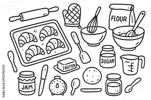 Baking Tools Doodle. Hand-drawn doodle illustration Baking tray with pastries [tray with croissants, rolling pin, spatula, oven mitt, flour bag, mixing bowl,