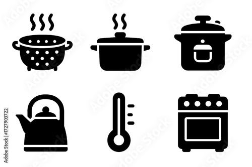Steaming Equipment Icons. Solid, filled icon set of steaming equipment: steamer basket, stovetop pot, pressure cooker, timer, water kettle, thermometer, oven