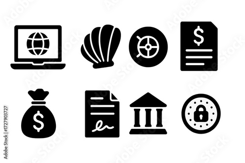 Tax Haven Icons. Solid, filled icon set of tax haven concepts: offshore account, shell company, secret vault, tax form, money bag, legal document, bank
