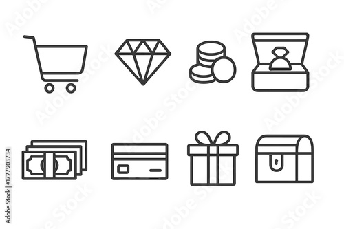 Material Desires Icons. Outline icon set of material desire: shopping cart, diamond, gold coins, jewelry box, stacks of cash, credit card, gift box, treasure