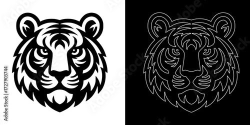 Vector illustration of fierce tiger head logo design in black and white, wild animal mascot emblem, tribal tattoo style big cat face icon, wildlife symbol for branding and decoration