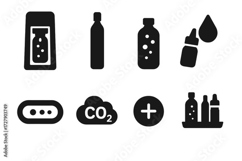 DIY Sparkling Water Icons. Solid, filled icon set of DIY sparkling water: soda maker machine, carbonation cartridge, refillable bottle, flavor drops, bubble