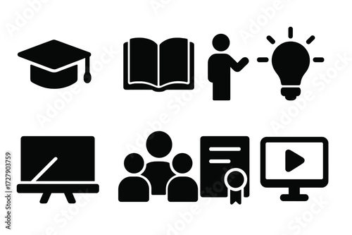 Education Icons Grid. Solid, filled icon set of education support: graduation cap, open book, tutor figure, light bulb, chalkboard, student group, certificate,