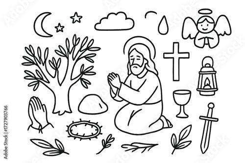 Gethsemane Doodle Icons. Hand-drawn doodle illustration Jesus in the Garden of Gethsemane praying figure, olive tree, moon, stars, rock, cup, cross, crown of