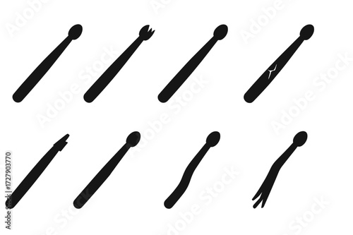 Worn Drumsticks Icons. Solid, filled icon set of drumsticks wear and damage: chipped tip, splintered wood, worn grip, cracked shaft, broken stick, faded paint,