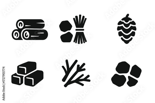 Hearth Fuel Icons. Solid, filled icon set of hearth fuel sources: logs, coal, kindling, pine cones, peat, dried branches, charcoal, wood chips. Solid, filled