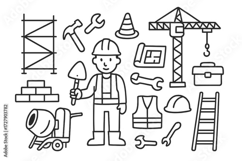 Construction Site Doodle. Hand-drawn doodle illustration [construction site activity] [worker, helmet, shovel, bricks, cement mixer, scaffolding, crane,