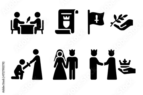 Noble Occasions Icons. Solid, filled icon set of noble occasions: treaty signing, royal decree, battle flag, peace offering, knighting ceremony, royal wedding,