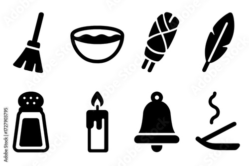 Cleansing Ritual Icons. Solid, filled icon set of cleansing ritual: broom, water bowl, sage bundle, feather, salt shaker, candle, bell, incense. [Line icons in