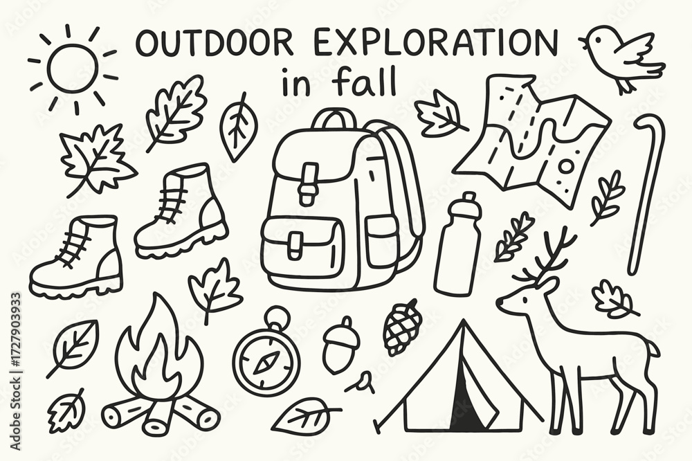 Obraz premium Outdoor Adventure Icons. Hand-drawn doodle illustration Outdoor exploration in fall, backpack, hiking boots, map, compass, water bottle, campfire, leaves,