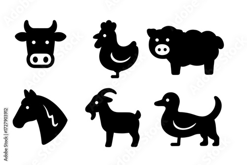Farm Animal Icons. Solid, filled icon set of farmer animals: cow, chicken, pig, sheep, horse, goat, duck, dog. [Line icons in only black color. All icons