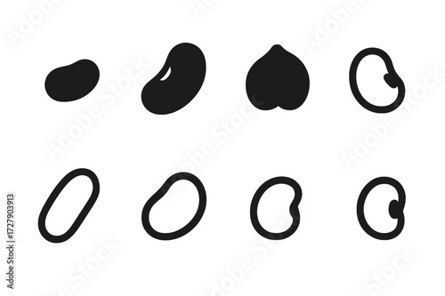 Bean Icon Grid. Solid, filled icon set of bean types in salad: black beans, kidney beans, chickpeas, pinto beans, cannellini beans, lima beans, navy beans,