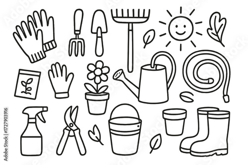 Gardening Tools Doodle. Hand-drawn doodle illustration Gardening tools with gloves gloves, spade, fork, rake, watering can, pruning shears, spray bottle,