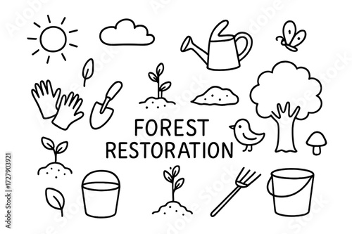 Forest Restoration Icons. Hand-drawn doodle illustration Forest restoration Tree sapling, shovel, watering can, soil, gloves, bucket, rake, sun, cloud, sprout,