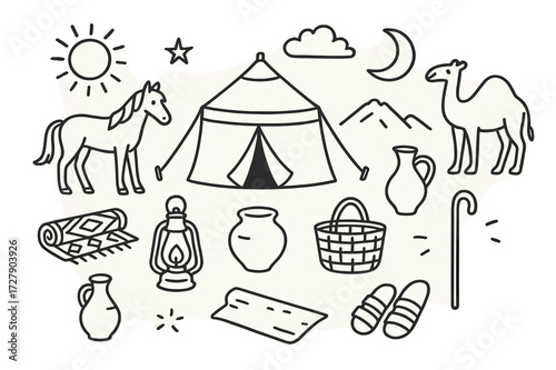 Nomadic Lifestyle Icons. Hand-drawn doodle illustration Nomadic lifestyle tent, horse, camel, rug, pot, lantern, water jug, basket, staff, sandals, sun, moon,