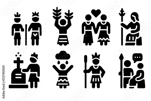 Tribal Ceremony Icons. Solid, filled icon set of tribal ceremonies: initiation, harvest festival, marriage, healing ritual, funeral, rainmaking, war