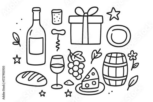 Wine Gift Set Doodles. Hand-drawn doodle illustration Wine gift set [wine bottle, cork, corkscrew, glass, ribbon, gift box, grapes, cheese wedge, barrel,