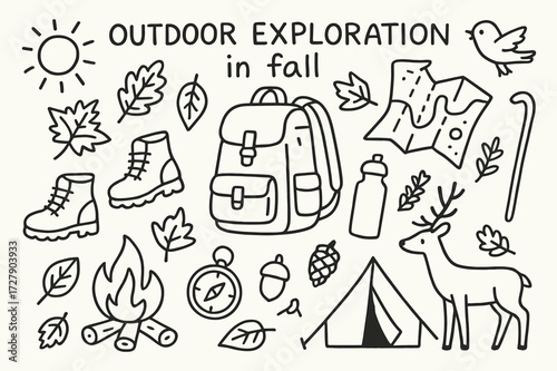 Outdoor Adventure Icons. Hand-drawn doodle illustration Outdoor exploration in fall, backpack, hiking boots, map, compass, water bottle, campfire, leaves,