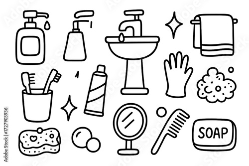 Bathroom Essentials Doodle. Hand-drawn doodle illustration Bathroom soap dispenser pump dispenser bottle, droplet, faucet, sink, towel, toothbrush, toothpaste,