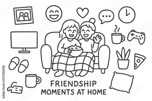 Cozy Friendship Doodles. Hand-drawn doodle illustration [friendship moments at home] [sofa, popcorn, TV, coffee mug, slippers, photo, game controller, pillow,