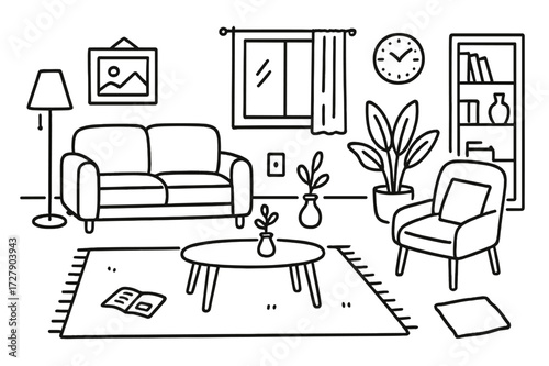 Minimalist Apartment Doodle. Hand-drawn doodle illustration [minimalist city apartment living room] [sofa, floor lamp, coffee table, framed picture, plant,