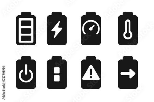 Battery Indicator Icons. Solid, filled icon set of battery pack indicators: battery level, charging status, voltage meter, temperature gauge, power output,
