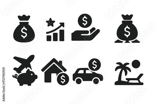 Savings Benefits Icons. Solid, filled icon set of savings benefits: interest growth, cash bonus, financial freedom, stability icon, travel fund, dream home,