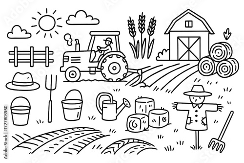Farm Harvest Doodle. Hand-drawn doodle illustration A tractor plowing a field during harvest season, tractor, plow, wheat stalks, hay bales, barn, farmer hat,