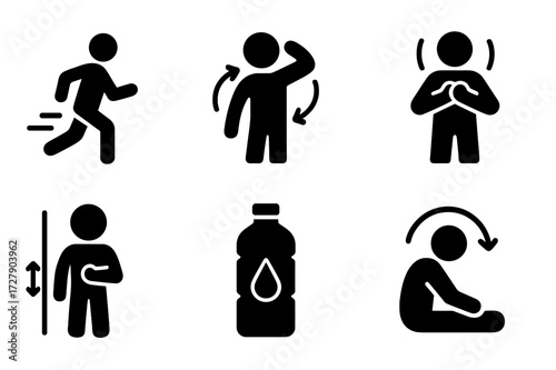 Warm-up Routine Icons. Solid, filled icon set of warm-up routine steps: light cardio, joint rotations, muscle activation, deep breaths, posture