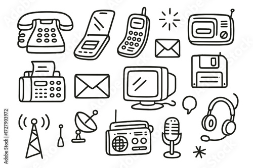 Retro Communication Doodles. Hand-drawn doodle illustration Retro Communication [corded phone, flip phone, pager, fax machine, envelope, CRT monitor, keyboard,