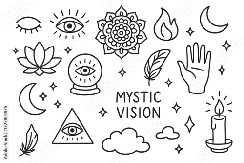 Mystic Doodle Elements. Hand-drawn doodle illustration [Mystic vision] [third eye, eye, crystal ball, mandala, flame, lotus, stars, moon, sun, aura, hand,