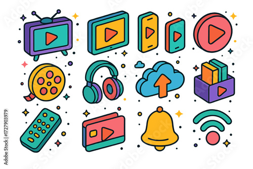 Colorful Media Icons. On-demand media. Colorful isometric vector icons set of On-demand media: TV screen, tablet, smartphone, play button, video
