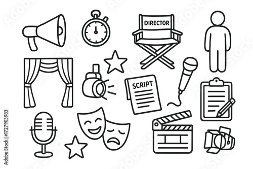 Theater Doodle Elements. Hand-drawn doodle illustration Directing cues megaphone, stopwatch, director?s chair, actor figure, stage curtain, spotlight, mask
