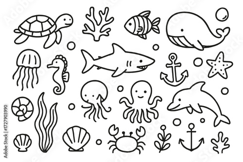 Marine Life Doodles. Hand-drawn doodle illustration Marine ecosystem turtle, coral, fish, whale, shark, crab, jellyfish, seahorse, shell, seaweed, octopus,