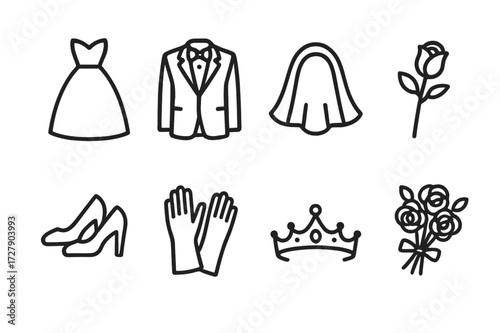 Wedding Attire Icons. Outline icon set of wedding attire: wedding dress, tuxedo, veil, boutonniere, shoes, gloves, tiara, bouquet. Line icons in only black