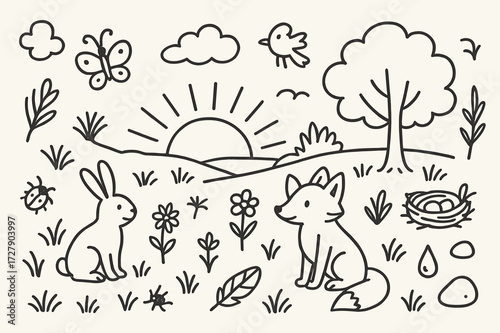 Peaceful Grassland Dawn Doodles. Hand-drawn doodle illustration Peaceful dawn in grasslands sun, cloud, horizon, tree, grass, wildflowers, butterfly, bird,
