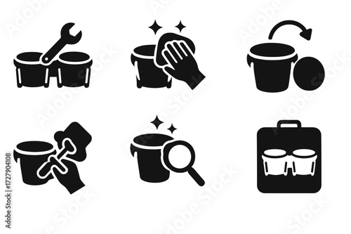 Bongo Maintenance Icons. Solid, filled icon set of bongo maintenance: tuning, cleaning, head replacement, lug tightening, shell polishing, hardware check,