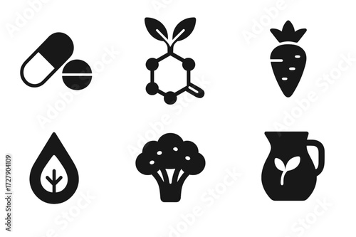 Plant Nutrition Icons. Solid, filled icon set of plant-based nutrition: vitamins, minerals, fiber, antioxidants, omega-, protein, iron, calcium. Solid, filled