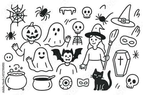 Halloween Icons Doodle. Hand-drawn doodle illustration Halloween costumed guests [pumpkin head, ghost sheet, bat wings, witch hat, broomstick,