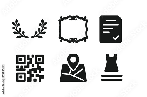 Invitation Icon Set. Solid, filled icon set of invitation elements: floral border, decorative frame, event title, RSVP line, QR code, map insert, dress code