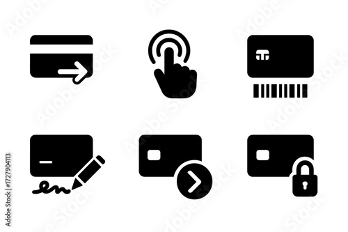 Card Actions Icons. Solid, filled icon set of card actions: swipe, tap, insert chip, scan barcode, sign, activate, block, unlock. [Solid, filled icons in only