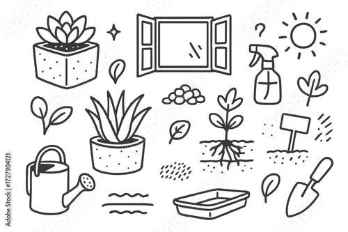 Concrete Planters Doodle. Hand-drawn doodle illustration [Succulents in concrete planters] [succulent, aloe, planter, watering can, gravel, spray bottle, root