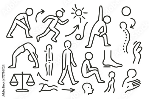Body Movement Icons. Hand-drawn doodle illustration body movement and posture stretching figure, running figure, yoga pose, backbend, raised arm, leg lift, sit