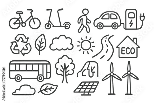 Green Mobility Doodles. Hand-drawn doodle illustration Green mobility options [bicycle, scooter, pedestrian, electric car, bus, charging station, recycling
