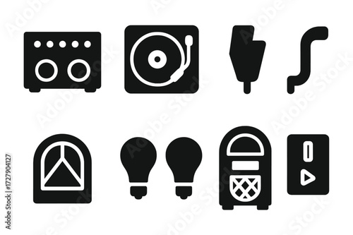 Jukebox Parts Icons. Solid, filled icon set of jukebox parts: amplifier, turntable, needle, tonearm, glass panel, light bulbs, cabinet, coin mechanism. Solid,