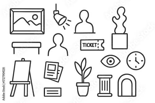 Art Gallery Essentials. Hand-drawn doodle illustration art gallery framed painting, sculpture, spotlight, bench, gallery wall, pedestal, visitor silhouette,