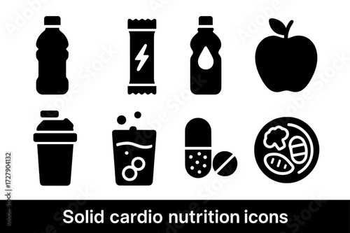 Cardio Nutrition Icons. Solid, filled icon set of cardio nutrition: water bottle, energy bar, sports drink, fruit, protein shake, electrolytes, vitamins,