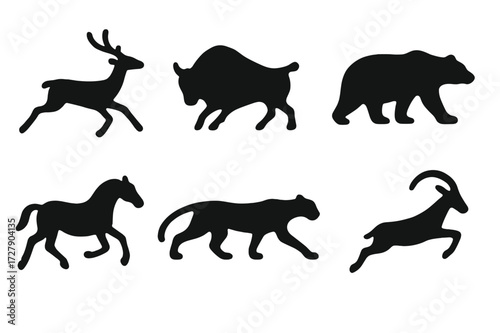 Cave Animals Icons. Solid, filled icon set of religious artifacts: chalice, cross, incense burner, prayer beads, sacred scroll, altar, candle, statue. [Line