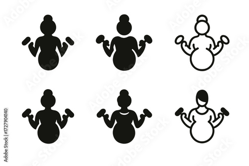 Pregnancy Workout Logos. Pregnancy workout. Set Logo of pregnancy workout: Mom-to-be lifting light weights. harmonious logo variations of the same emblematic